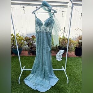 Elegant Sage Green Beaded Evening Dress